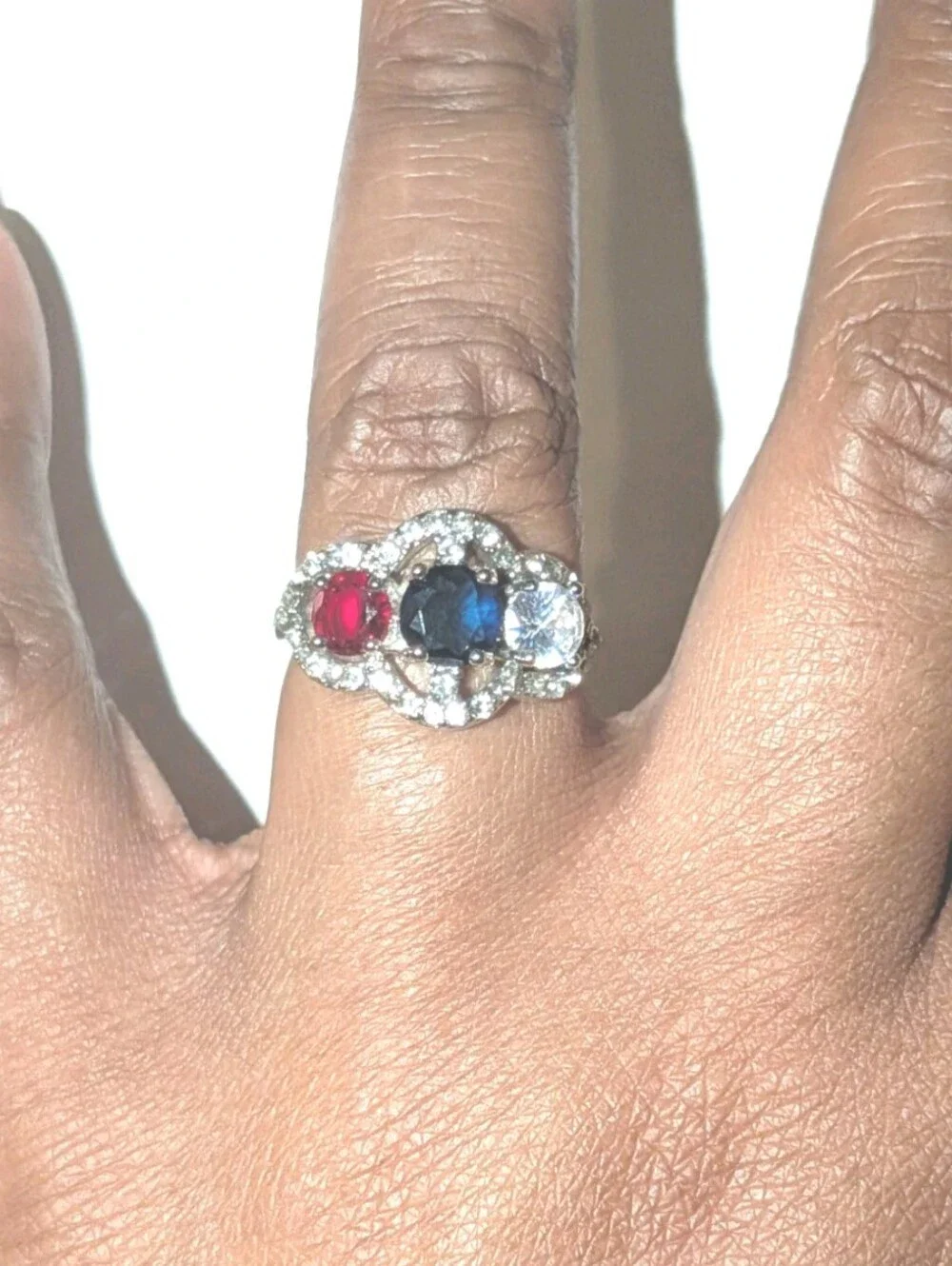 Lab Created Triple Stone Sapphire, Ruby & Diamond Ring - Elegant Trio Statement